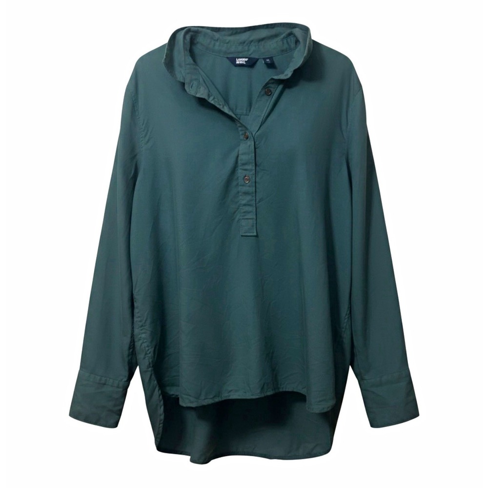 Lands' End Forest Green Lyocell Tunic Long Sleeve Button Front Top Size XL 18